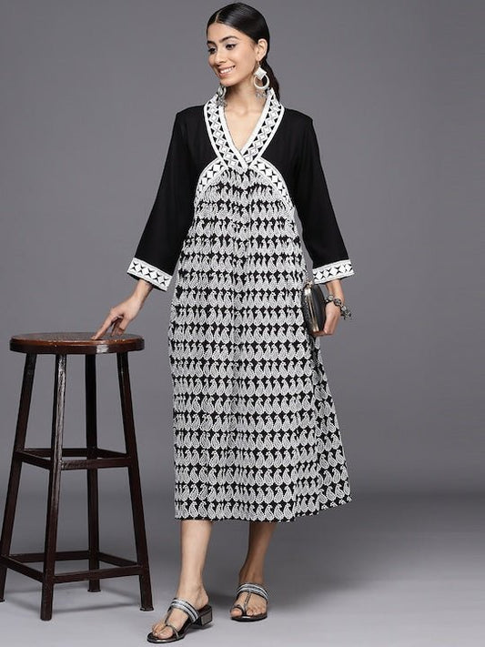 Chikankari Embroidered A-Line Midi Dress - Inddus.com