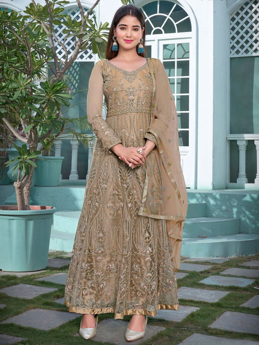 Chikoo Net Festive-Wear Anarkali-Suit - Inddus.com