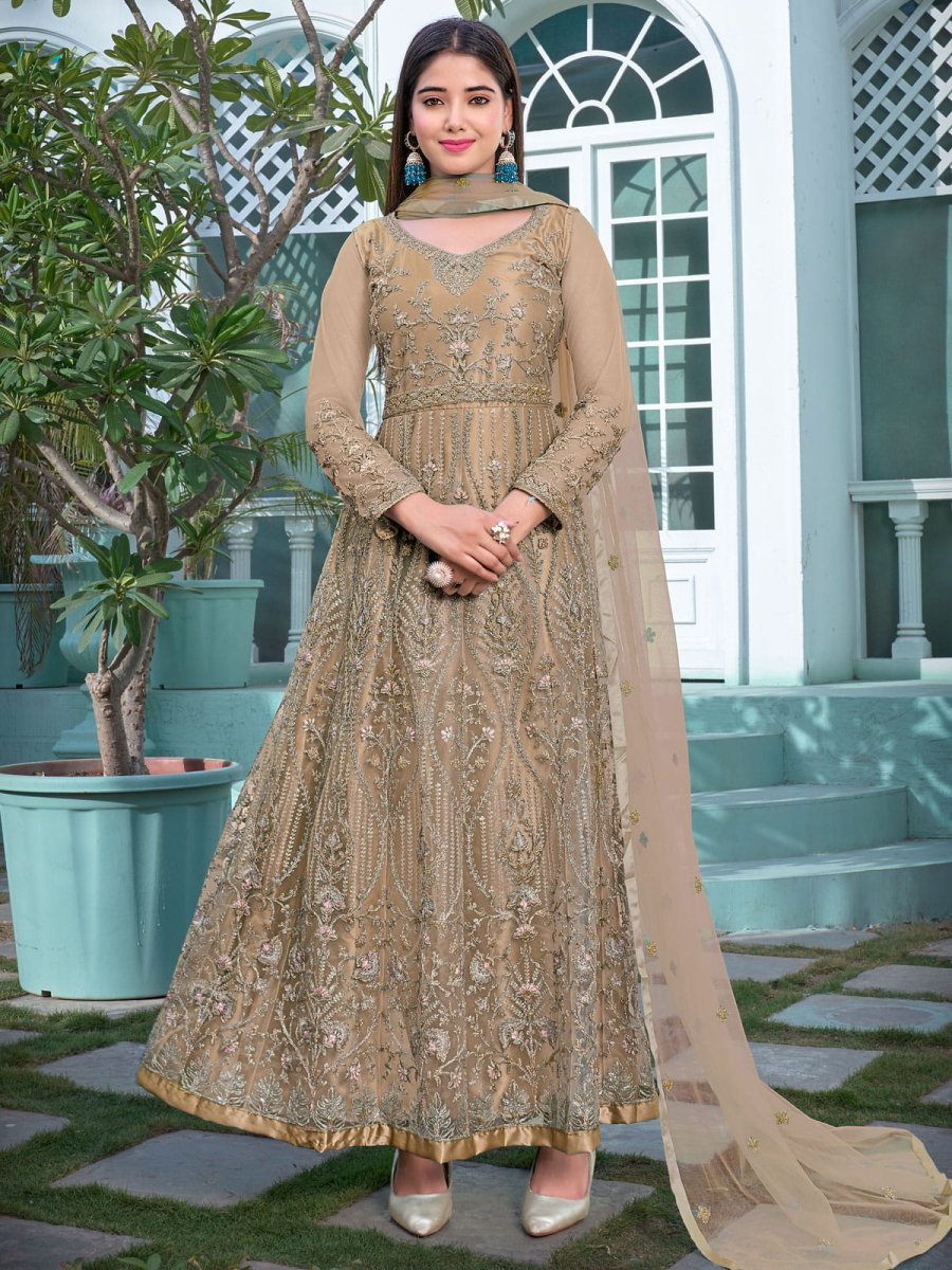 Chikoo Net Festive-Wear Anarkali-Suit - Inddus.com