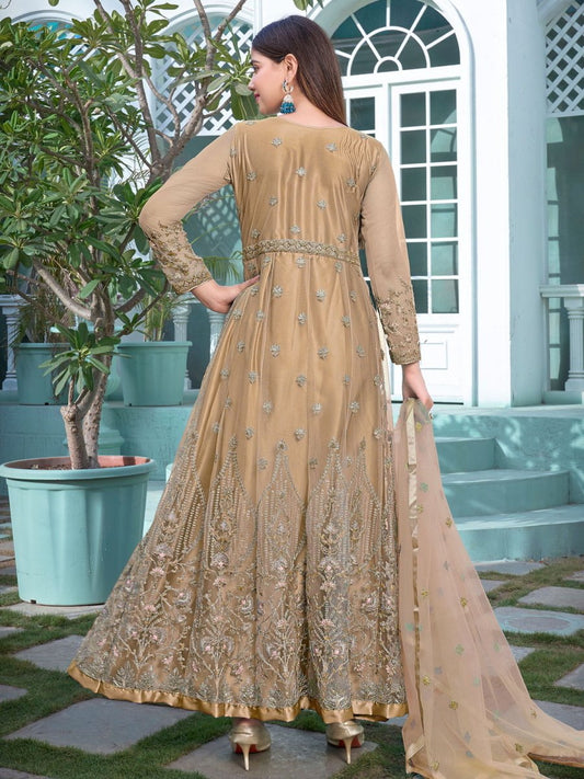 Chikoo Net Festive-Wear Anarkali-Suit - Inddus.com