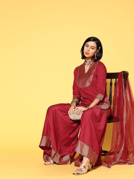 cozy maroon silk blend yoke design kurta set