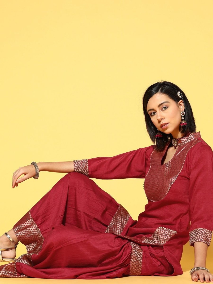 cozy maroon silk blend yoke design kurta set