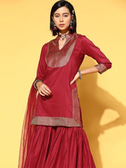 cozy maroon silk blend yoke design kurta set