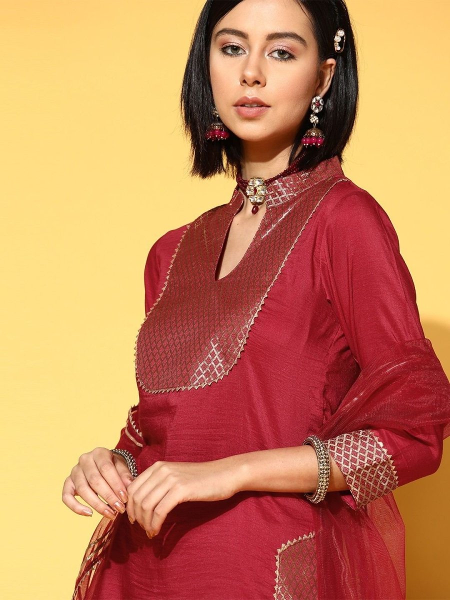 cozy maroon silk blend yoke design kurta set