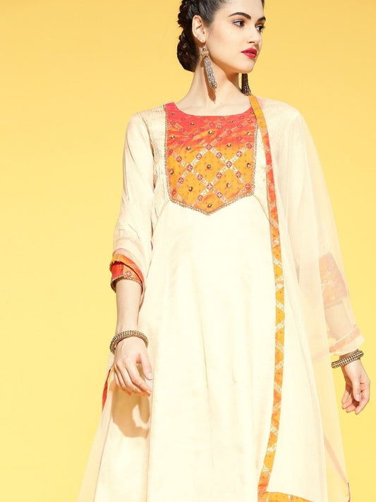 Cream and Orange Kurta with Palazzo and Dupatta - Inddus.com