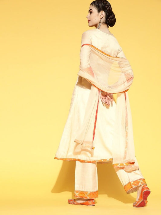 Cream and Orange Kurta with Palazzo and Dupatta - Inddus.com