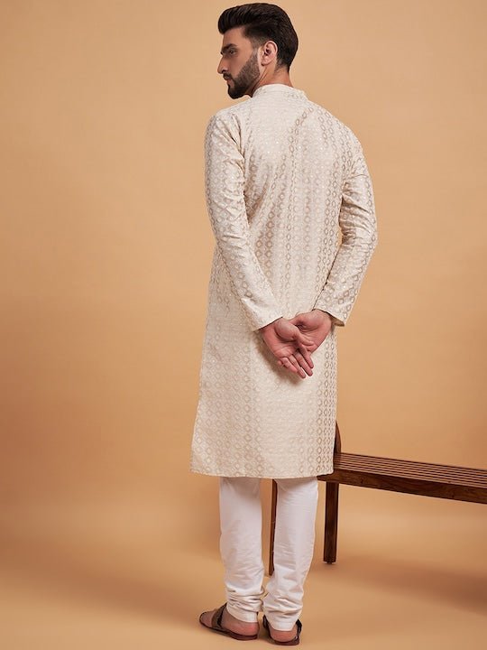 Cream-Coloured Ethnic Motif Embroidered Chikankari Straight Kurta - Inddus.com