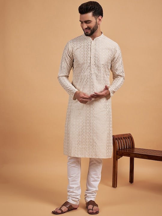 Cream-Coloured Ethnic Motif Embroidered Chikankari Straight Kurta - Inddus.com