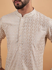 Cream-Coloured Ethnic Motif Embroidered Chikankari Straight Kurta - Inddus.com