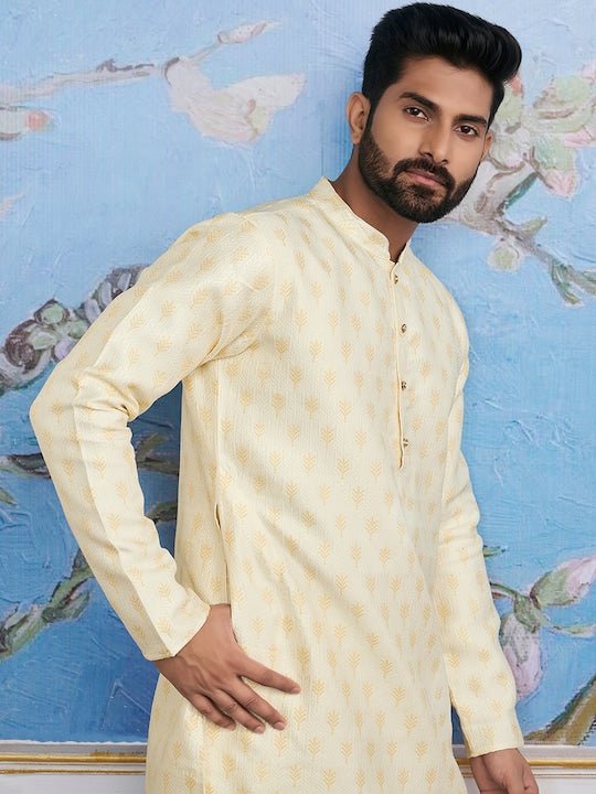 Cream-Coloured Ethnic Motifs Woven Design Kurta with Trousers - Inddus.com