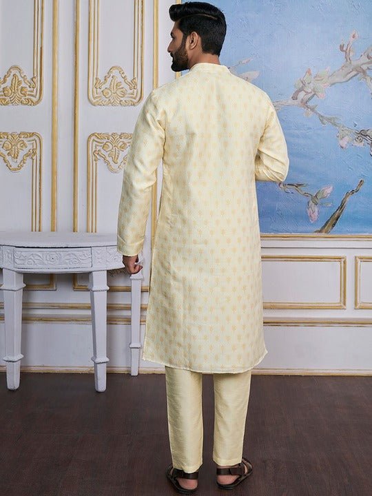 Cream-Coloured Ethnic Motifs Woven Design Kurta with Trousers - Inddus.com