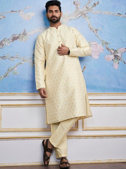 Cream-Coloured Ethnic Motifs Woven Design Kurta with Trousers - Inddus.com