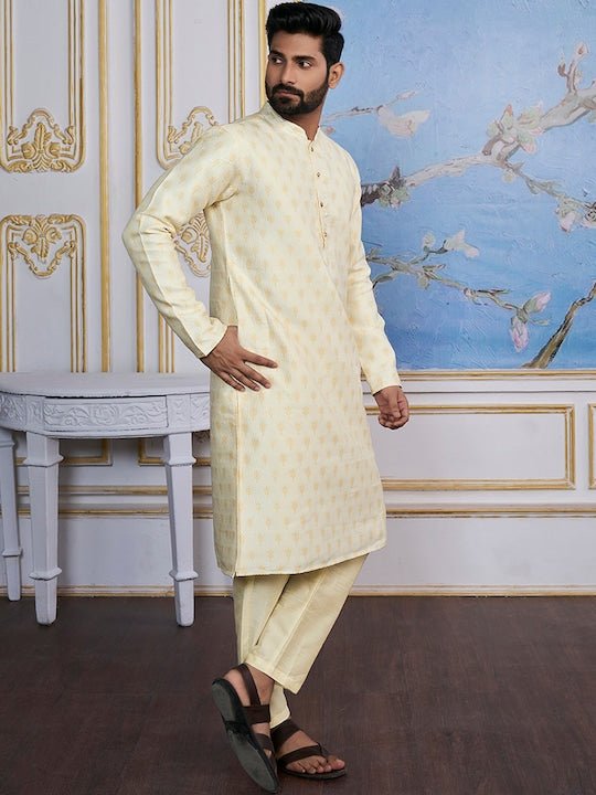 Cream-Coloured Ethnic Motifs Woven Design Kurta with Trousers - Inddus.com