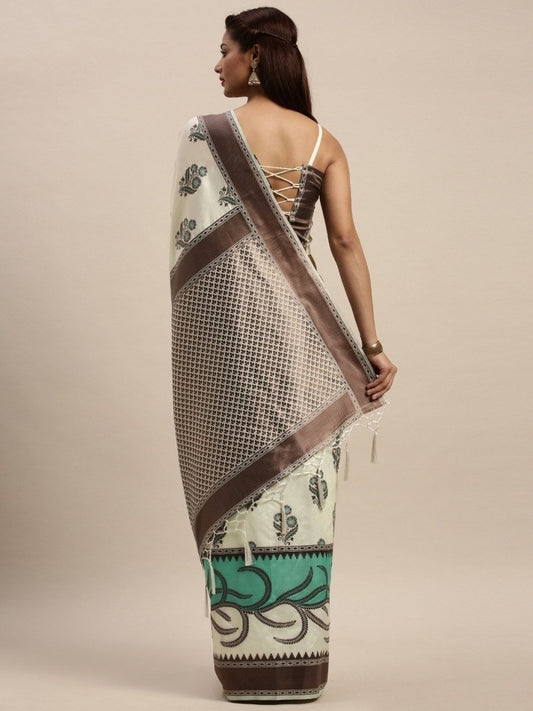 Cream-Coloured & Green Silk Blend Woven Design Saree - Inddus.com