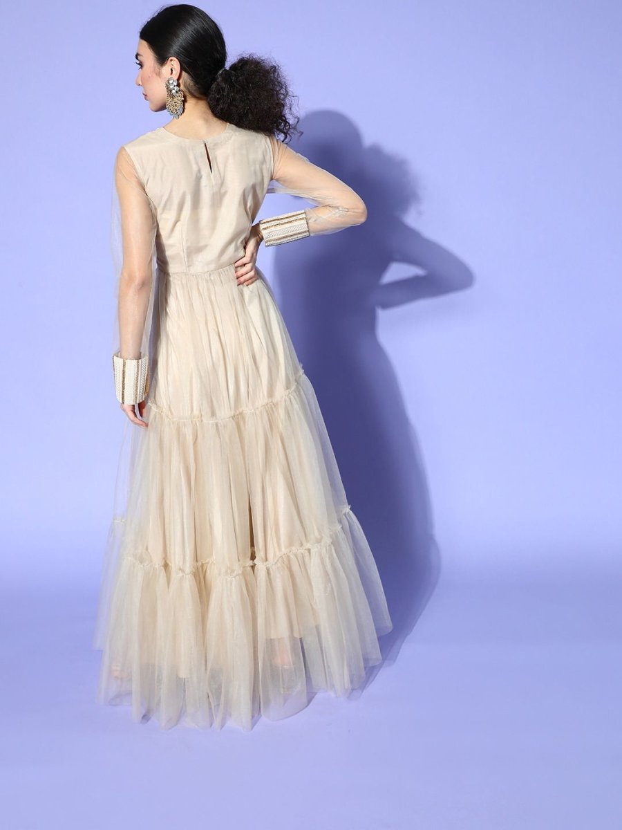 Cream Embroidered tered Gown - Inddus.com