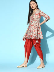 Cream Floral Digital Print Kurta with Dhoti - Inddus.com