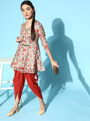 Cream Floral Digital Print Kurta with Dhoti - Inddus.com