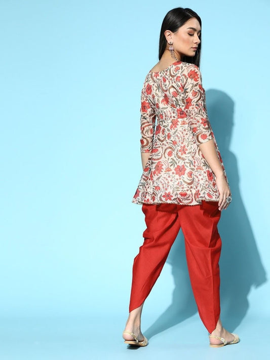 Cream Floral Digital Print Kurta with Dhoti - Inddus.com