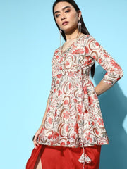 Cream Floral Digital Print Kurta with Dhoti - Inddus.com