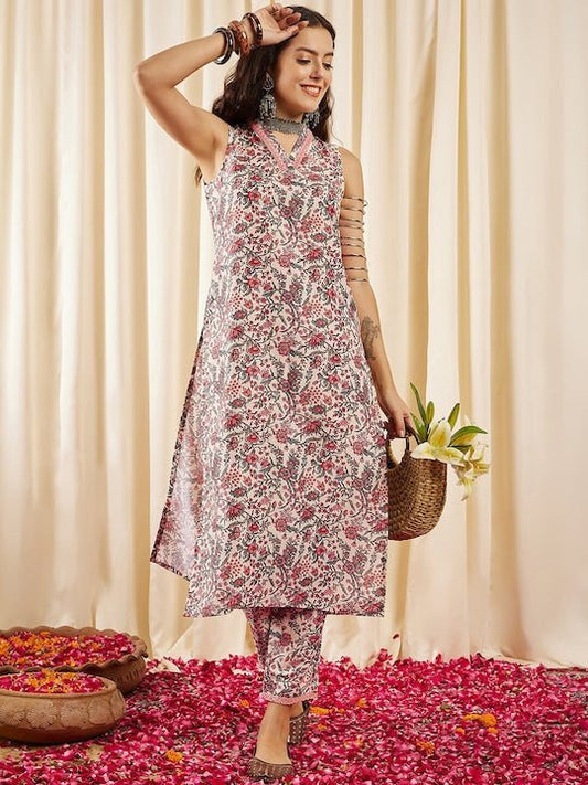 Cream Floral Printed Regular Kurta With Trousers - Inddus.com