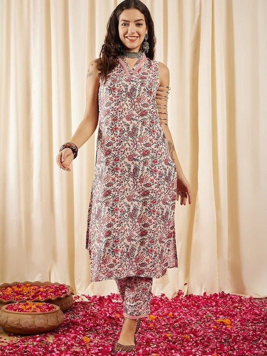 Cream Floral Printed Regular Kurta With Trousers - Inddus.com