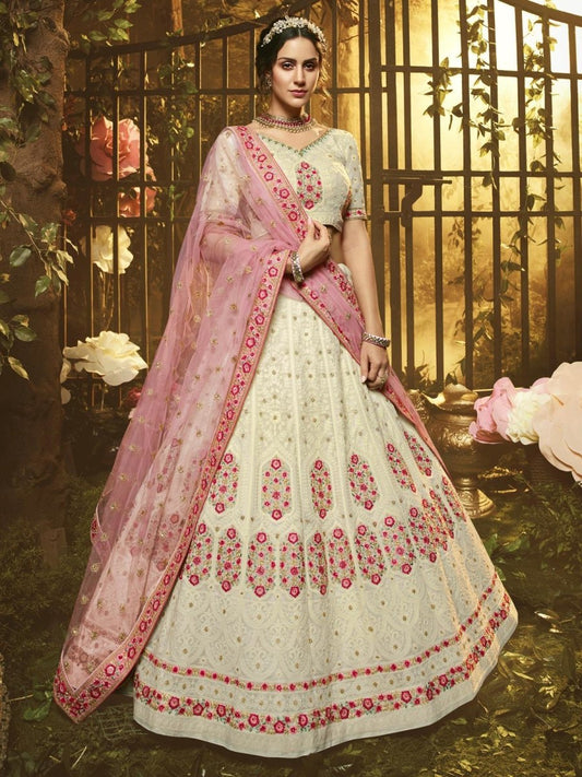 Cream Georgette Embroidered Lehenga Choli with Dupatta - inddus-us