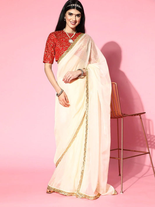 Cream Organza Saree with Blouse Piece - Inddus.com