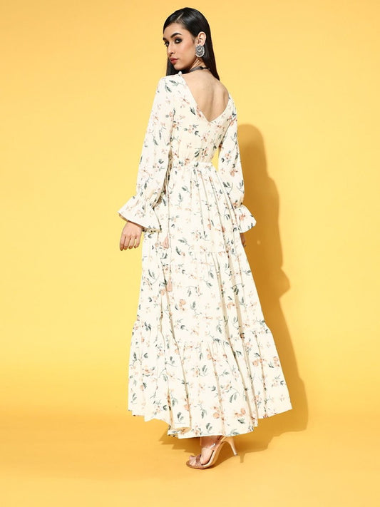 Cream Polyester Partywear Floral Dresses - Inddus.com