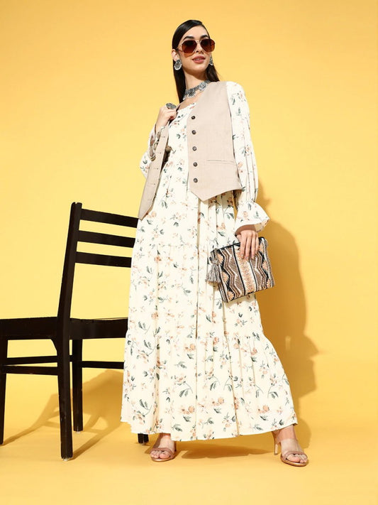 Cream Polyester Partywear Floral Dresses - Inddus.com