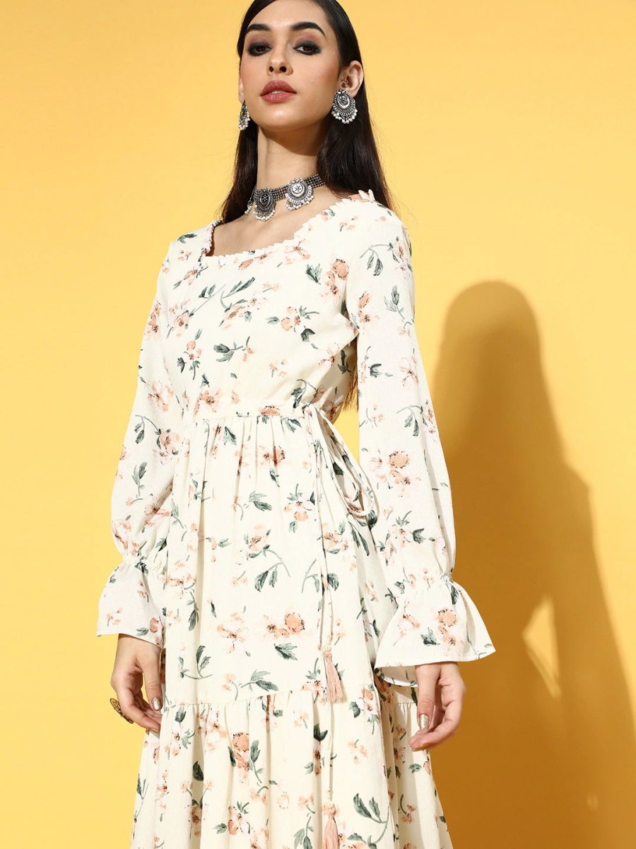 Cream Polyester Partywear Floral Dresses - Inddus.com