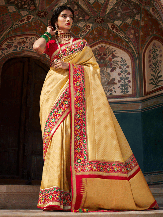 Cream Silk Embellished Saree - Inddus.com