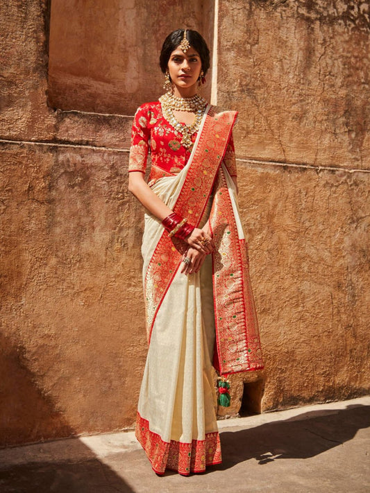 Cream Silk Wedding Saree - Inddus.com