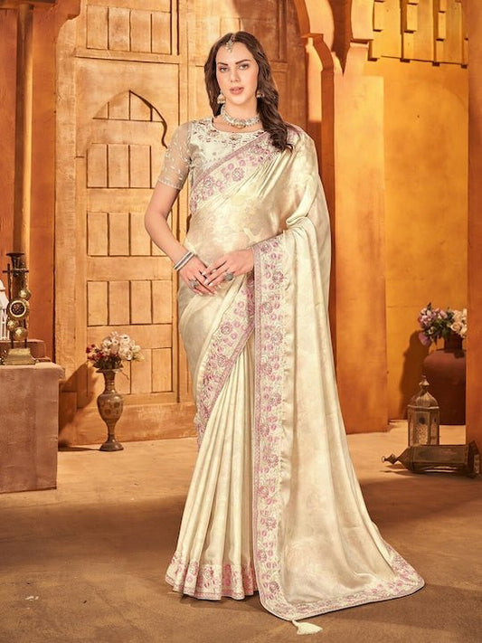 Cream Women Floral Embroidered Satin Saree - Inddus.com