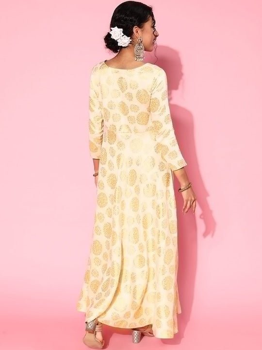 CreamEthnic Motifs Printed A-Line Silk Ethnic Dress - Inddus.com