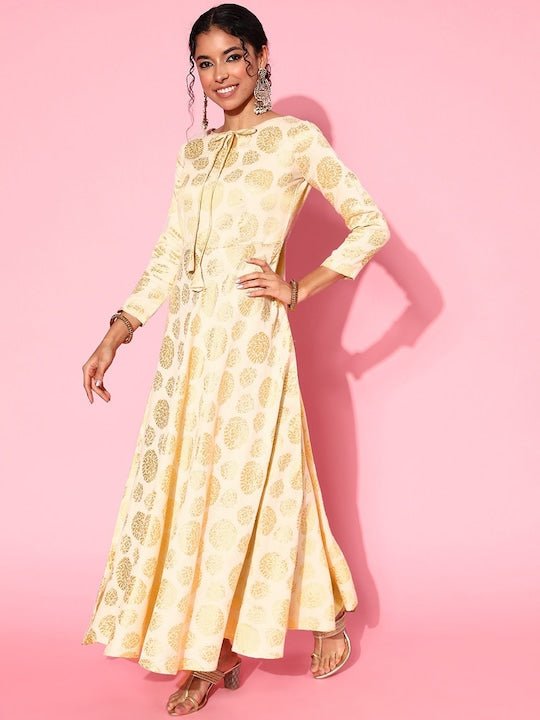 CreamEthnic Motifs Printed A-Line Silk Ethnic Dress - Inddus.com