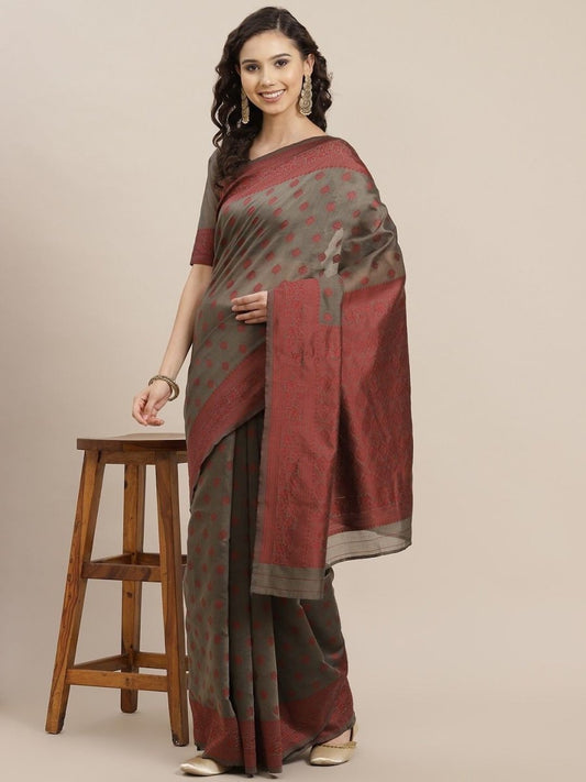 Dark Beige and Maroon Woven Saree - inddus-us