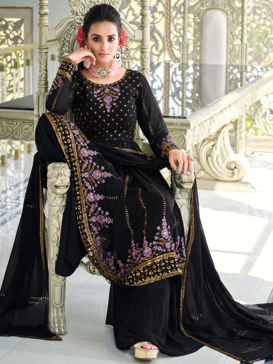 Dark Blue Embroidered Partywear Sharara-Style-Suit - Inddus.com