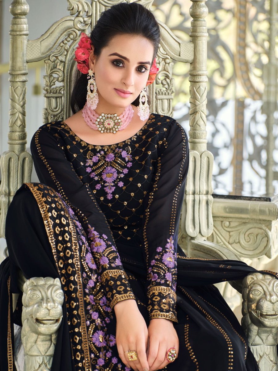 Dark Blue Embroidered Partywear Sharara-Style-Suit - Inddus.com