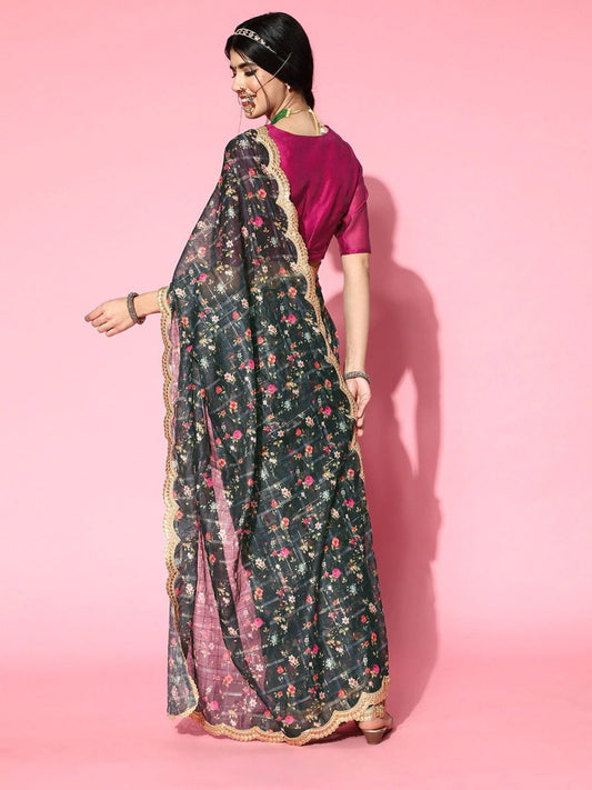 Dark Blur Checked Zari Chanderi Saree - Inddus.com