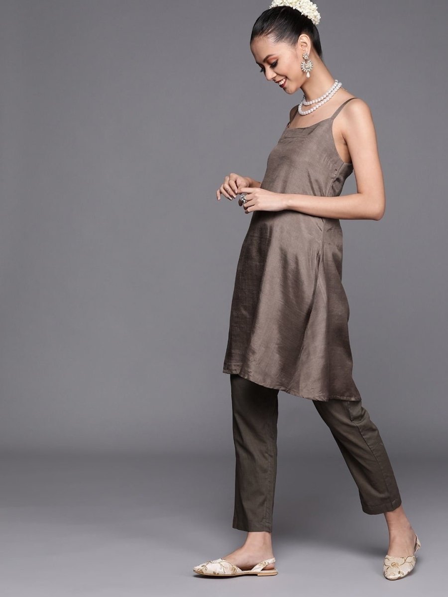 Dark Taupe Embroidered Kaftan Kurta with Pants - inddus-us