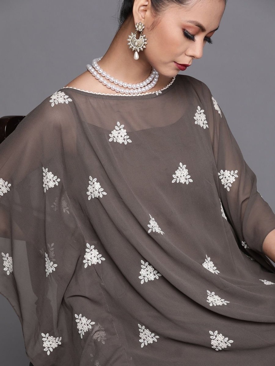 Dark Taupe Embroidered Kaftan Kurta with Pants - inddus-us