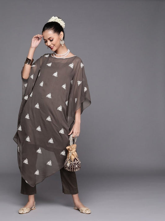 Dark Taupe Embroidered Kaftan Kurta with Pants - inddus-us