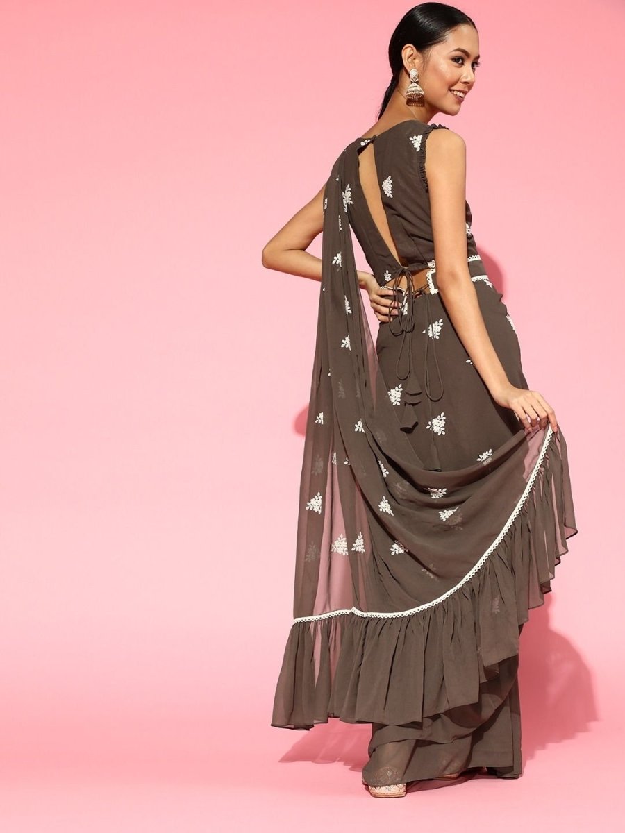 Dark Taupe Embroidered Ruffled Saree - inddus-us