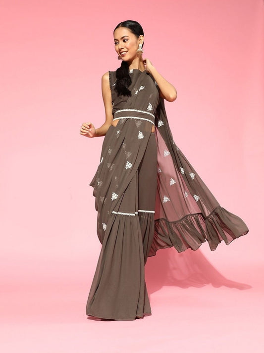 Dark Taupe Embroidered Ruffled Saree - inddus-us