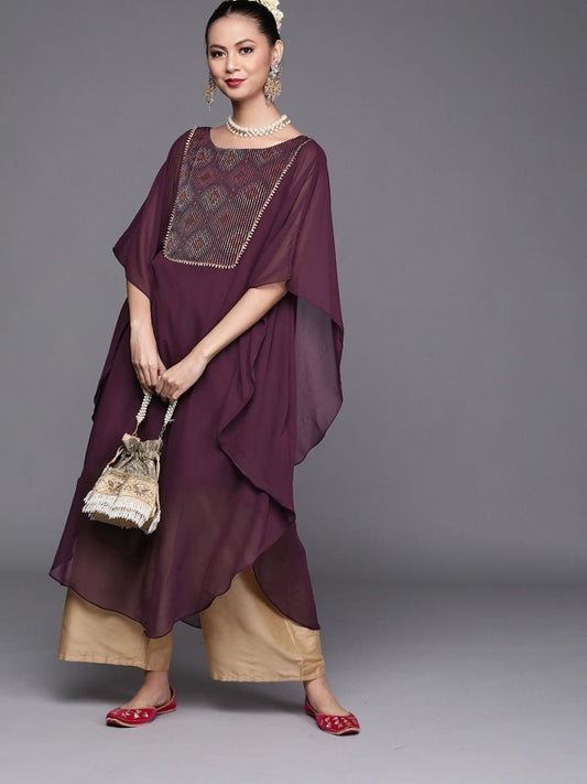 Deep Wine Embroidered Kaftan Kurta - inddus-us