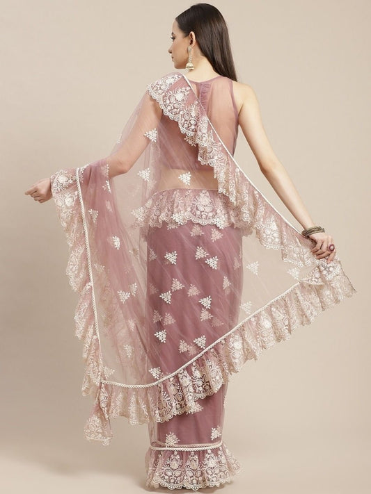 Dirty Pink Embroidered Ruffle Saree - inddus-us