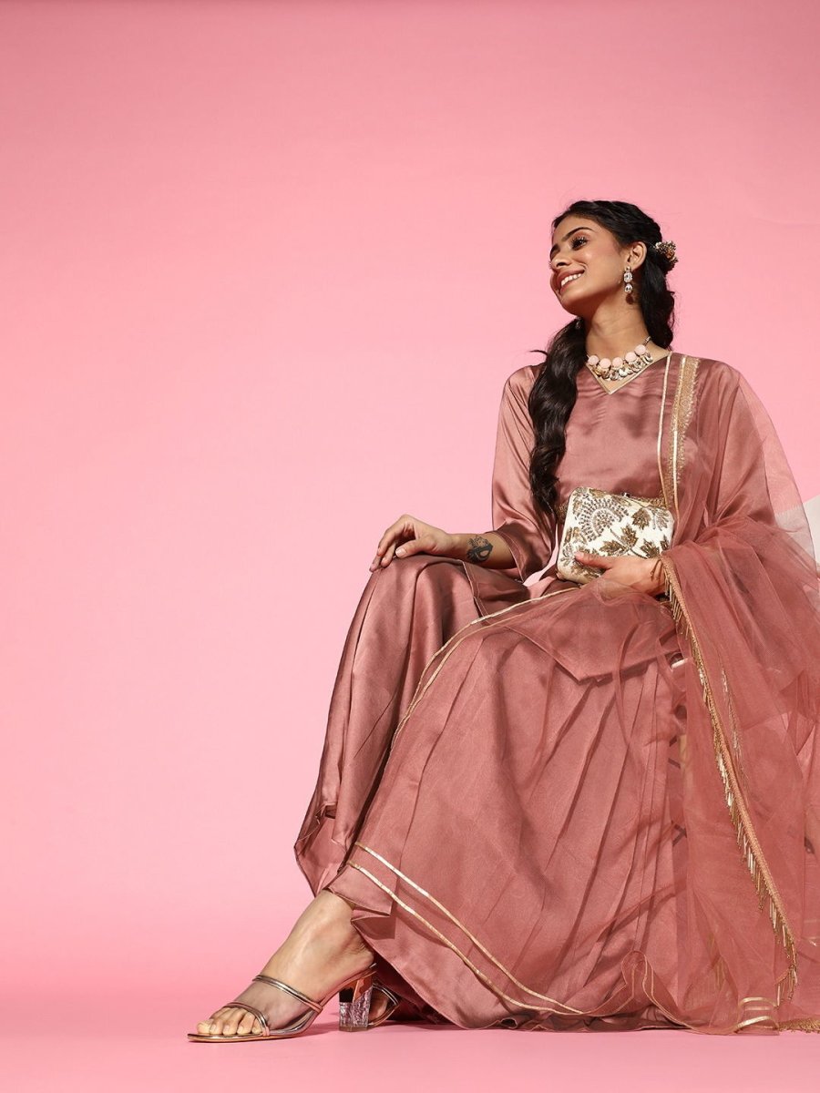 Dirty Pink Laced Kurta with Sharara and Net Dupatta - Inddus.com