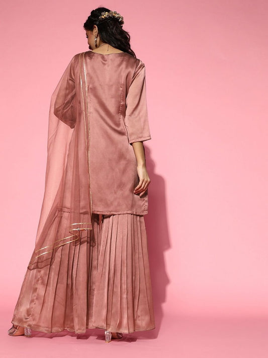 Dirty Pink Laced Kurta with Sharara and Net Dupatta - Inddus.com