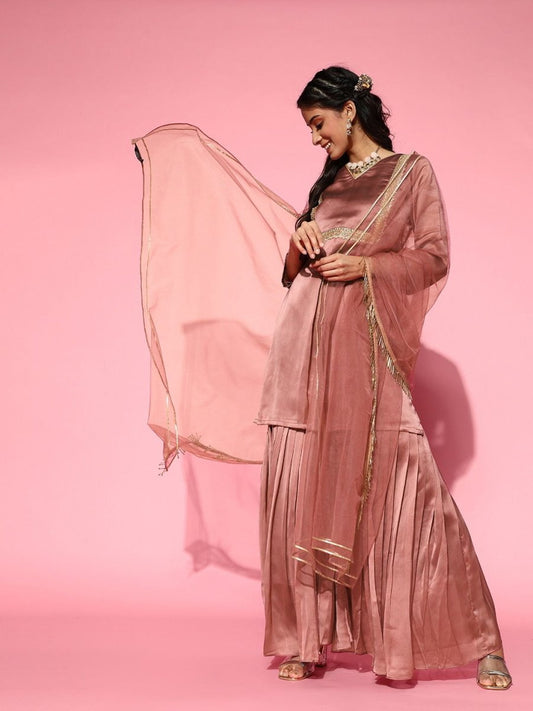 Dirty Pink Laced Kurta with Sharara and Net Dupatta - Inddus.com