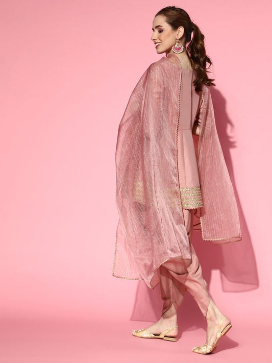 Dirty Pink Panelled Kurta with Dhoti Pants and Organza Dupatta - Inddus.com